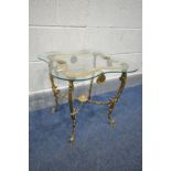 A FRENCH BRASS OCCASIONAL TABLE, with a wavy glass top, 51cm squared x height 46cm