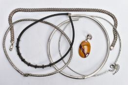 A SELECTION OF NECKLACES, to include a silver weaved chain necklace with a bolt ring fastening,