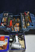 A METAL TOOLBOX containing various hand tools, screwdrivers, spanners, files etc along with a