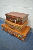 A VINTAGE BROWN LEATHER SUITCASE, width 72cm x depth 42cm x height 19cm, another brown leather