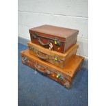 A VINTAGE BROWN LEATHER SUITCASE, width 72cm x depth 42cm x height 19cm, another brown leather