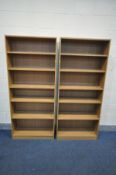 A PAIR OF MODERN BEECH OPEN BOOKCASES, width 79cm x depth 30cm x height 181cm (condition:-missing to