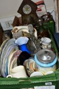 TWO BOXES OF CERAMICS, GLASSWARES, SPEEDWAY AND STOCK CAR RACING EPHEMERA, TINS AND SUNDRY VINTAGE