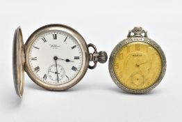 A SILVER FULL HUNTER POCKET WATCH AND ONE OTHER, the full hunter with an engine turned design case