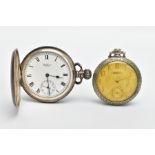 A SILVER FULL HUNTER POCKET WATCH AND ONE OTHER, the full hunter with an engine turned design case