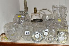 A COLLECTION OF CUT CRYSTAL AND OTHER GLASS WARES WITH TWO CERAMIC TABLE LAMPS ETC, to include a