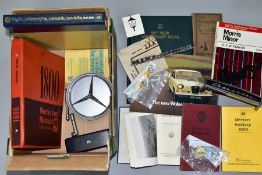 A BOX OF MOTORING ITEMS, to include an Austin 1800 workshop manual, Wolseley Six brochure, car