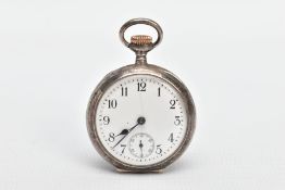 A SILVER OMEGA POCKET WATCH, silver cased pocket watch with a white face and black Arabic