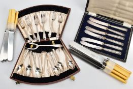 TWO CASED SETS OF CUTLERY AND OTHERS, to include a cased set of six silver handled butter knives,