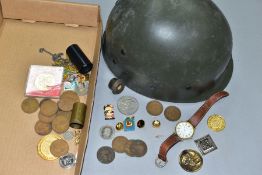 A HELMET WITH A BOX OF COINS AND SUNDRY ITEMS, to include a 20th Century military plastic helmet,