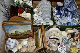 FIVE BOXES OF CERAMICS, PICTURES AND SUNDRY ITEMS, to include fifty six pieces of white silver