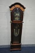 A MAHOGANY BENTIMA LONGCASE CLOCK, arched top with double weights, width 49cm x depth 22cm x