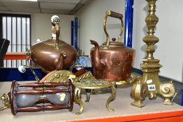 AN HOURGLASS, ASSORTED BRASS AND COPPER WARES, comprising a meat jack marked 'Warranted', scales