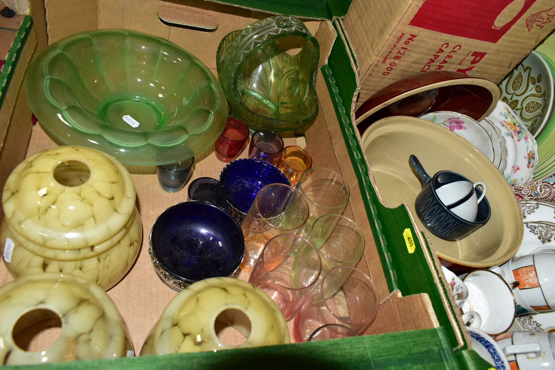 SIX BOXES OF CERAMICS AND GLASSWARE, ETC, to include a set of three mottled yellow glass - Image 9 of 10