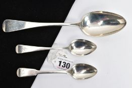 THREE SILVER SPOONS, to include an old English pattern tablespoon, engraved initial to the terminal,