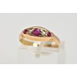 AN EARLY 20TH CENTURY, 18CT GOLD RUBY AND DIAMOND BOAT RING, designed with three circular cut