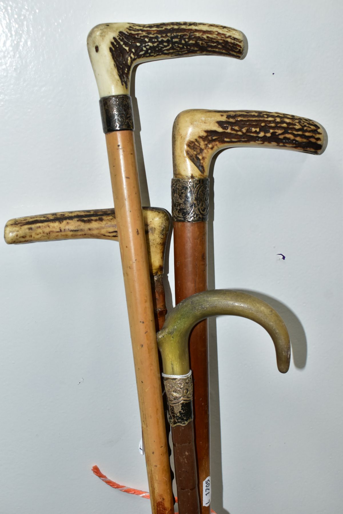 FOUR WALKING STICKS, various materials, one malacca stick, three have antler handles, one with a - Image 2 of 10