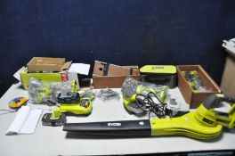 A COLLECTION OF RYOBI POWERTOOLS comprising of 18v RB18L15 cordless blower with battery, RYOBI