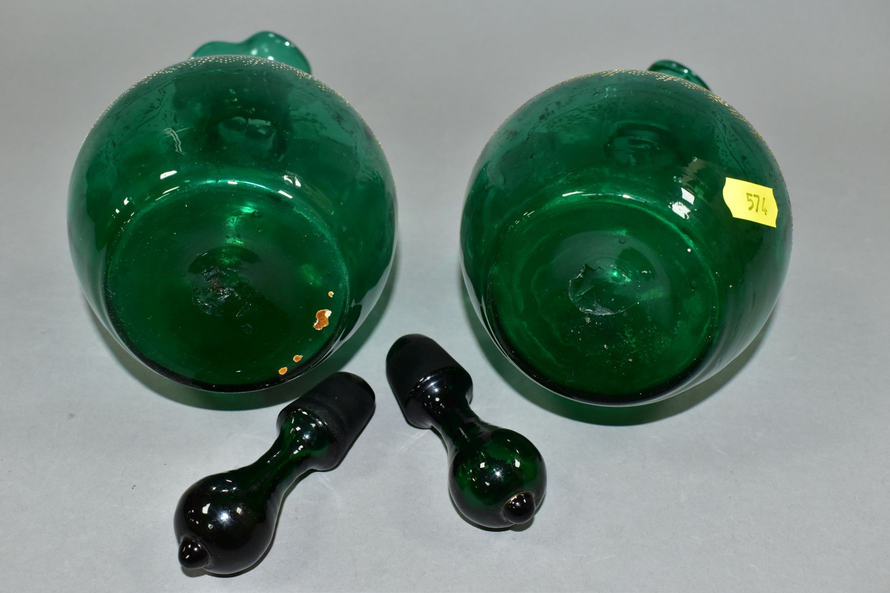 A PAIR OF VICTORIAN GREEN GLASS DECANTERS, with stoppers and four bands of dotted floral and other - Image 10 of 10