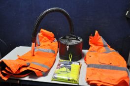 A COOPERS METAL VACUUM POWERED ASH BIN, along with three high visibility jackets two orange, one