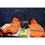 A COOPERS METAL VACUUM POWERED ASH BIN, along with three high visibility jackets two orange, one