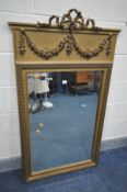 A 20TH CENTURY FRENCH GILTWOOD OVERMANTEL MIRROR, bevelled plate, with floral and ribbon decoration,