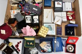 TWO BOXES OF MOSTLY COSTUME JEWELLERY, to include a pair of 9ct gold cameo stud earrings, post and