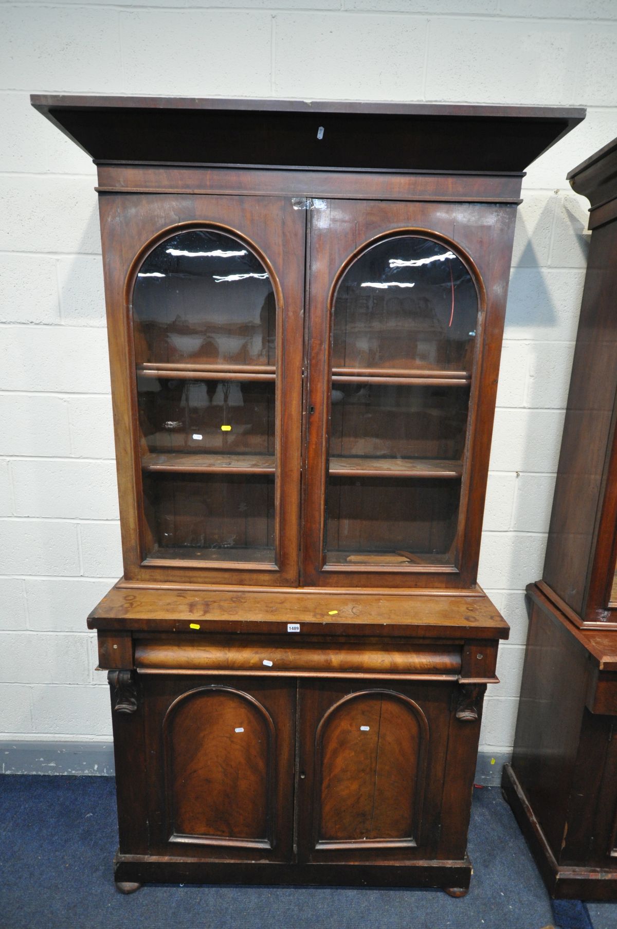 TWO VICTORIAN MAHOGANY BOOKCASES, with double glazed doors above a frieze drawer and cupboard doors, - Image 2 of 4