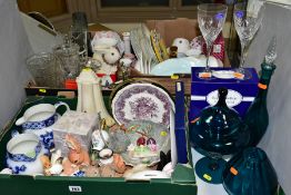 THREE BOXES AND LOOSE CERAMICS, GLASS, ETC, including a boxed pair of Royal Doulton wine glasses,