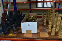 A CHESS BOARD WITH TWO SETS OF CHESS PIECES, the board measures 58.5cm with 7cm squares with