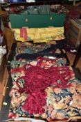 VARIOUS CURTAINS AND A BED THROW, to include a yellow patterned set of a pair, size width 102 inches