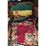 VARIOUS CURTAINS AND A BED THROW, to include a yellow patterned set of a pair, size width 102 inches