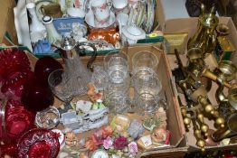 THREE BOXES AND LOOSE CRANBERRY GLASS, DRINKING GLASSES, ASSORTED CERAMICS, BRASSWARE, ETC,