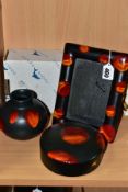 A BOXED POOLE POTTERY GALAXY PATTERN CIRCULAR POWDER BOWL AND COVER AND TWO OTHER ITEMS IN THE