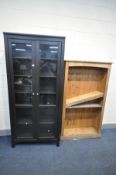 A BLACK STAINED PINE GLAZED TWO DOOR BOOKCASE, with five adjustable shelves, width 90cm x depth 37cm