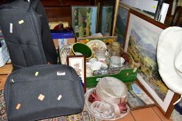 THREE BOXES AND LOOSE CERAMICS, GLASS, PICTURES, LUGGAGE, BAGS, HATS AND SUNDRY ITEMS, to include