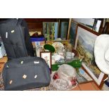 THREE BOXES AND LOOSE CERAMICS, GLASS, PICTURES, LUGGAGE, BAGS, HATS AND SUNDRY ITEMS, to include