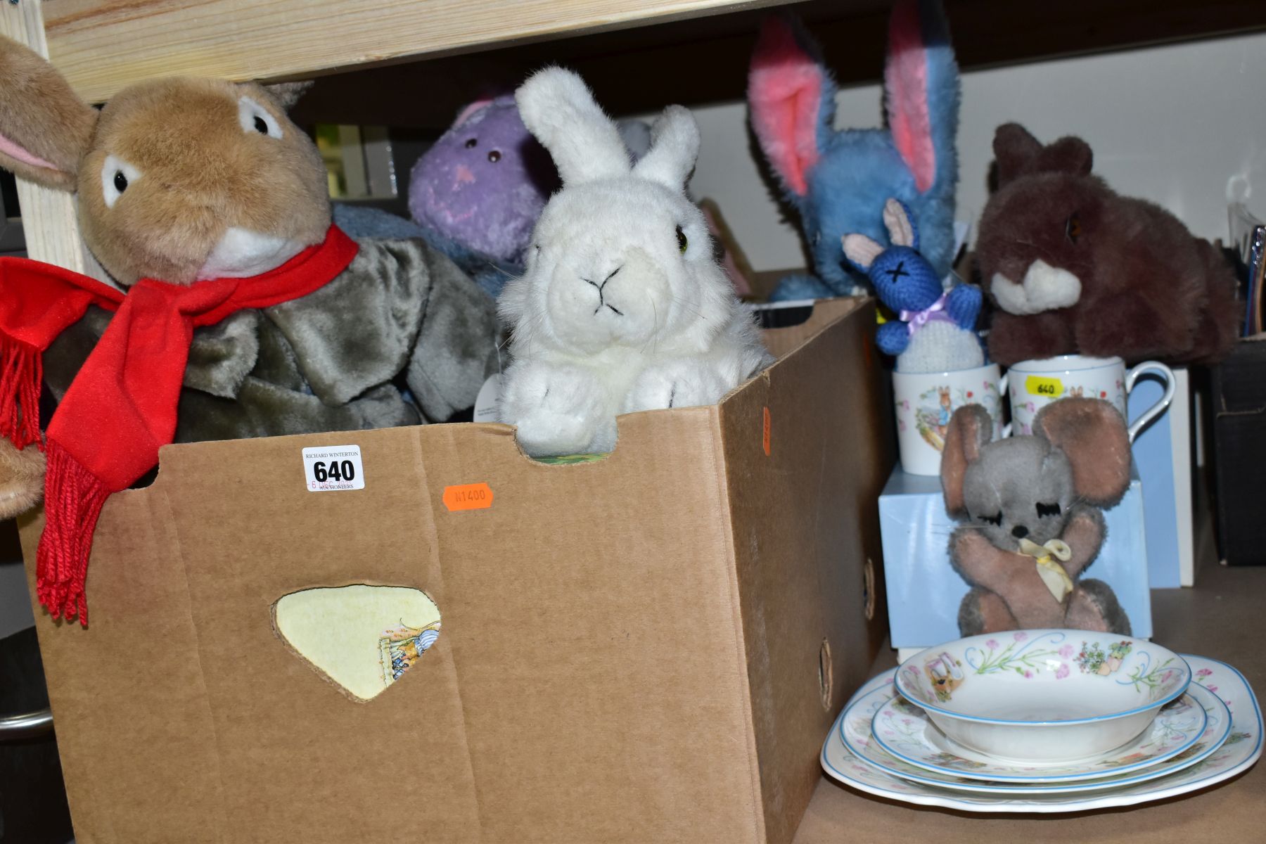 TWO BOXES AND LOOSE BEATRIX POTTER'S PETER RABBIT CERAMICS, SOFT TOYS, VHS CASSETTES, BOOKS, OTHER