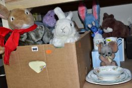 TWO BOXES AND LOOSE BEATRIX POTTER'S PETER RABBIT CERAMICS, SOFT TOYS, VHS CASSETTES, BOOKS, OTHER