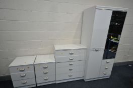 A WHITE FINISH BEDROOM SUITE, comprising a wardrobe, width 76cm x depth 52cm x height 185cm, a chest