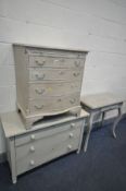 A PAINTED REPRODUDUCTION GEORIAN STYLE SERPENTINE CHEST OF FOUR GRADUATED DRAWERS with a brushing