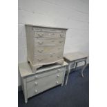 A PAINTED REPRODUDUCTION GEORIAN STYLE SERPENTINE CHEST OF FOUR GRADUATED DRAWERS with a brushing