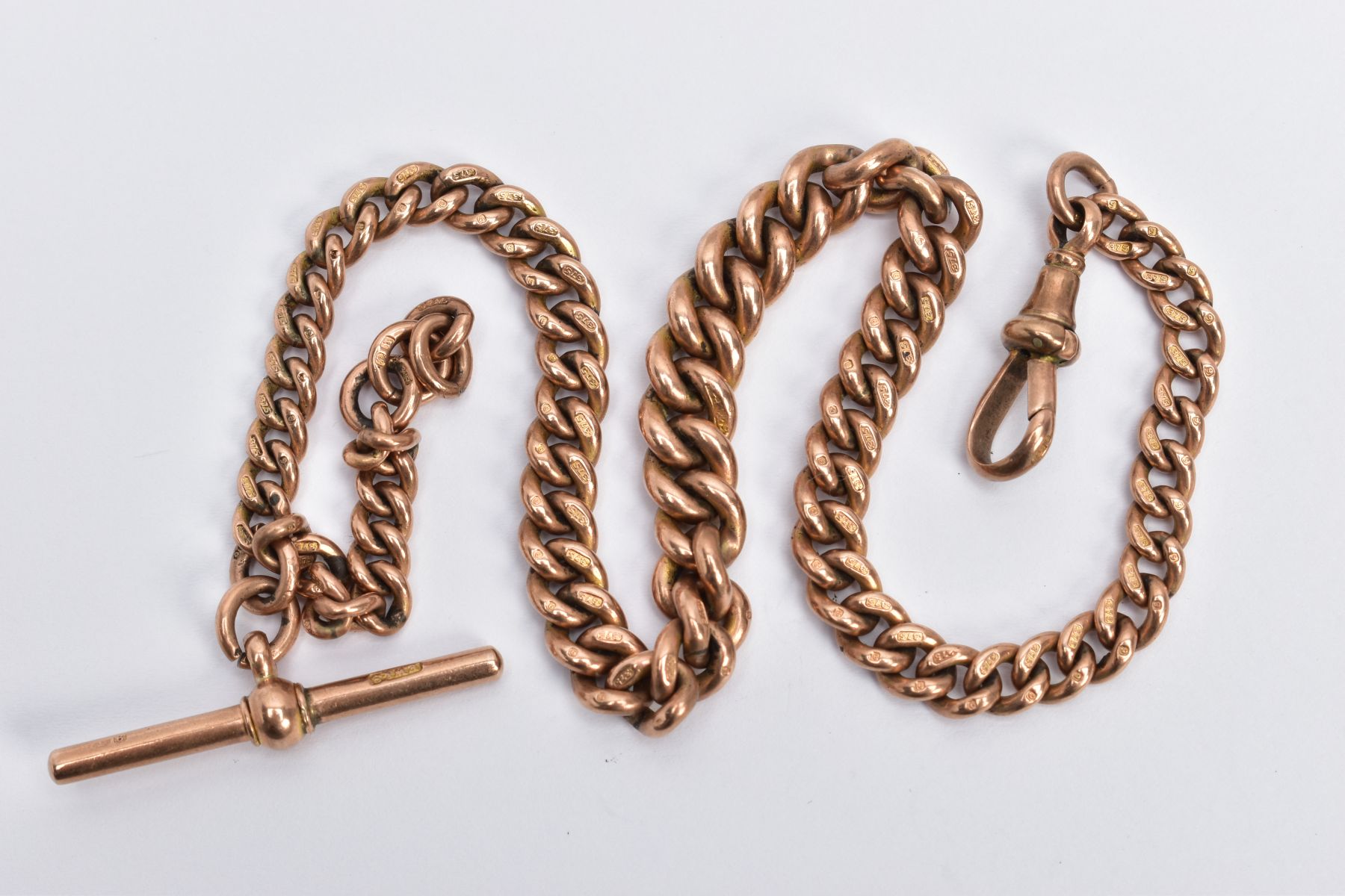A 9CT ROSE GOLD ALBERT CHAIN, graduated curb link chain, fitted with a T-bar stamped '9.375', each - Image 2 of 2
