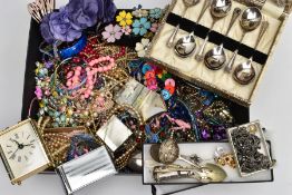 A BOX OF ASSORTED ITEMS, to include a cased spoon set, a selection of cutlery, beaded jewellery etc