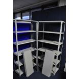 FOUR STEEL FRAMED SHELVING UNITS, two assembled and two dismantled, width 88cm x depth 39cm x height