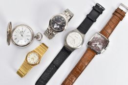 FOUR GENTLEMENS FASHION WRISTWATCHES AND A NOVELTY POCKET WATCH, four watches with names to