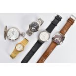 FOUR GENTLEMENS FASHION WRISTWATCHES AND A NOVELTY POCKET WATCH, four watches with names to