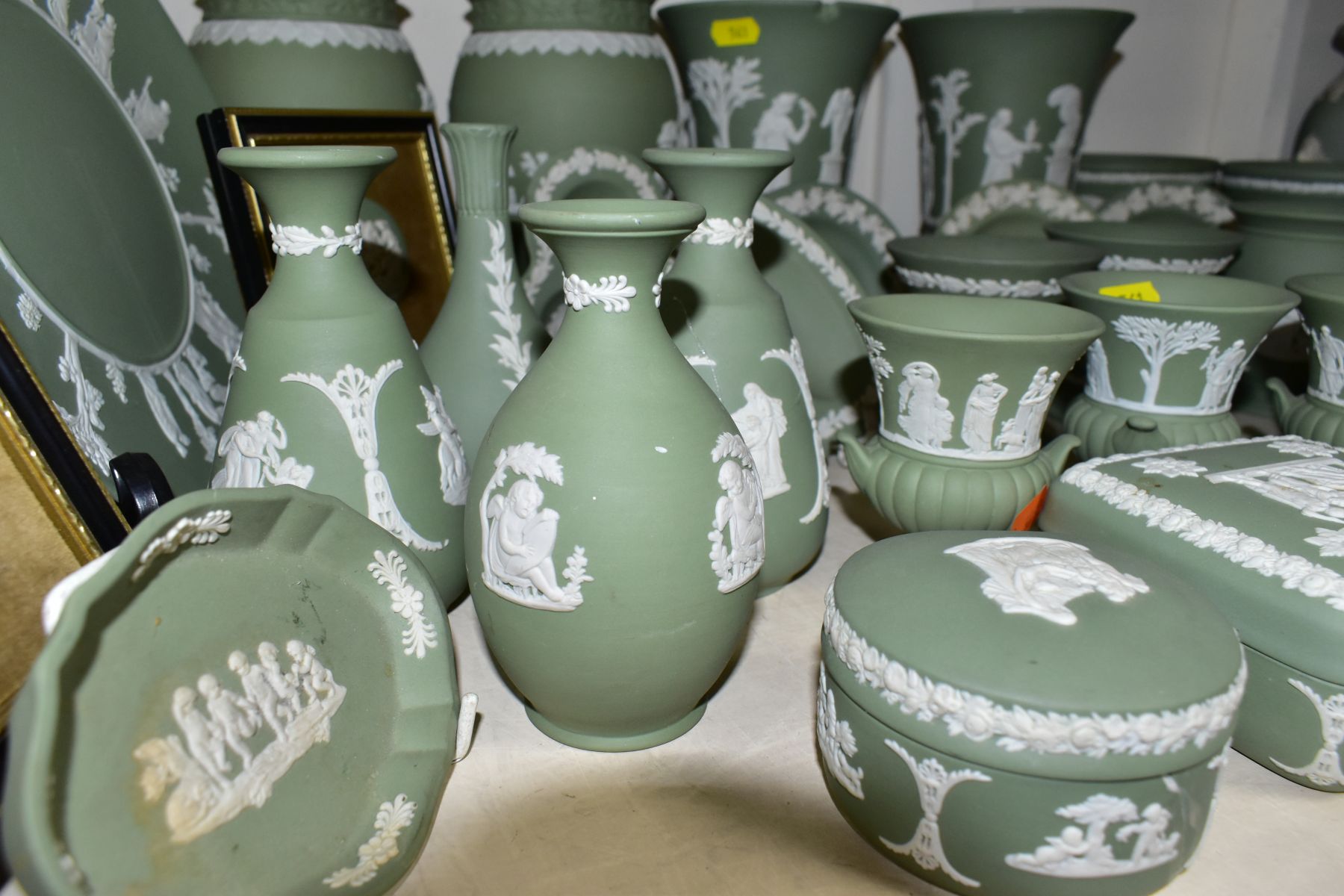 THIRTY EIGHT PIECES OF WEDGWOOD JASPERWARE, with a pale green jug with stamped mark Dudson, - Image 9 of 10