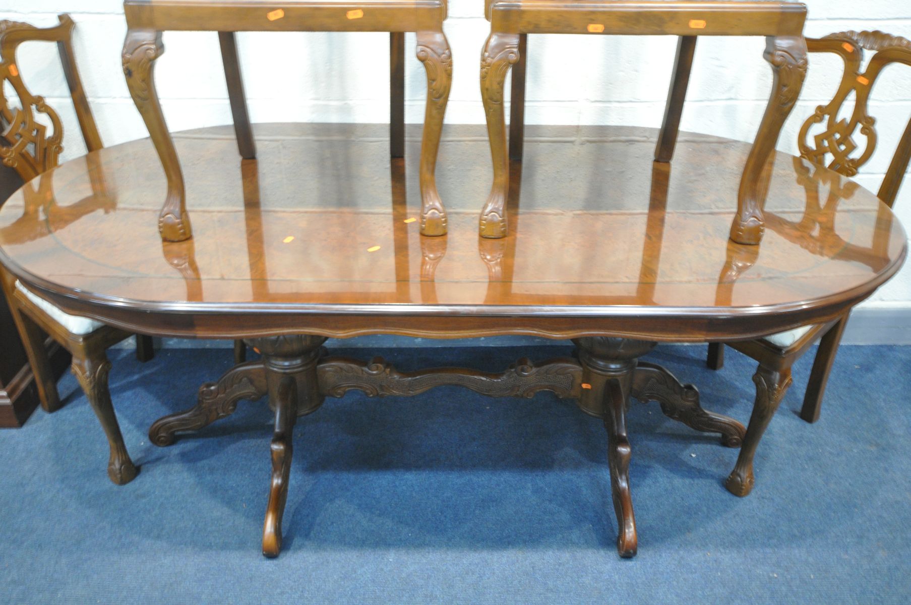 A REPRODUCTION MAHOGANY AND BURR WOOD DINING TABLE, on a twin pedestal base, all labelled Novalinea, - Image 3 of 5