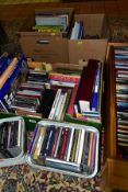 BOOKS & CDS, five boxes and one rack to include book titles featuring dictionaries, travel and